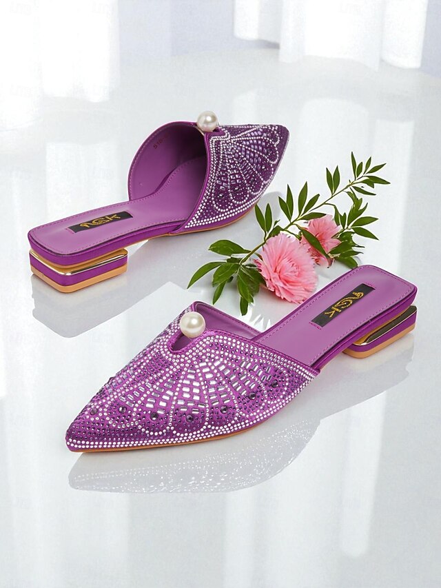 Pearl Mules - Women's Glamorous Detail with Rhinestone Gold