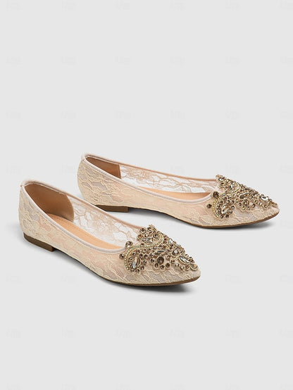 Elegant Beige with Ornate Flats Women's Lace Ballet