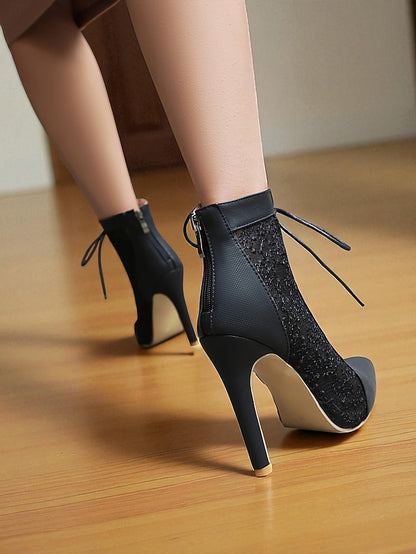 Women's Ankle White Booties Lace with Mesh Stiletto Heels