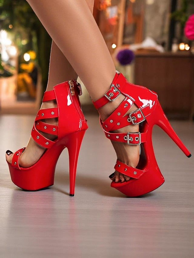 Women's High Platform Buckled White and Straps Heels with