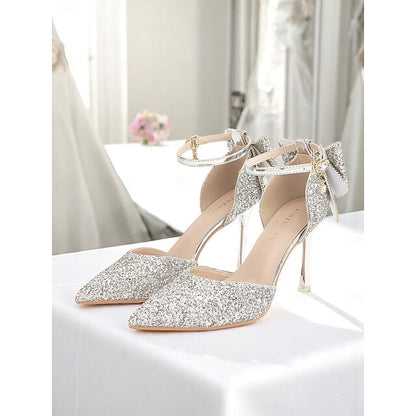 Silver - Women's Toe Sparkly Heels Glitter Bow Pointed