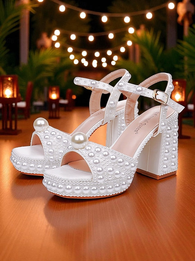 Block Heel Platform Embellished White Sandals Pearl Women's