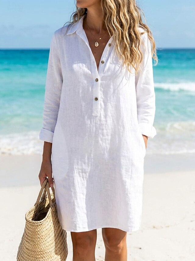 Women's Knee Length Dress Shirt Dress Cotton Linen Dress