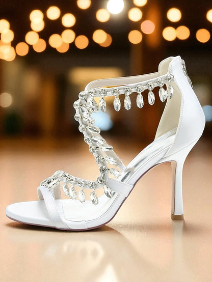 Sandals with Rhinestone White Strappy High Heel Women's