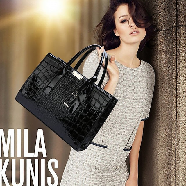 Women's Black Patent Crocodile Leather Pattern Handbag with