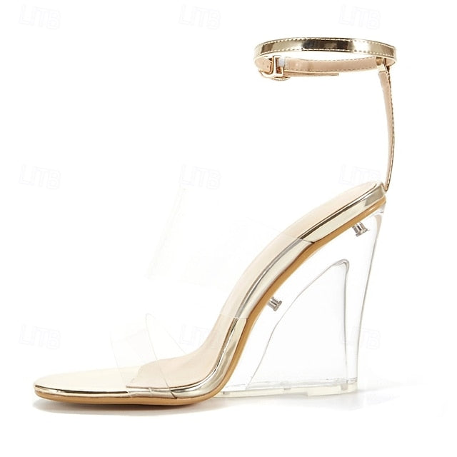 Clear with Wedge Heels Straps Women's and Transparent Gold
