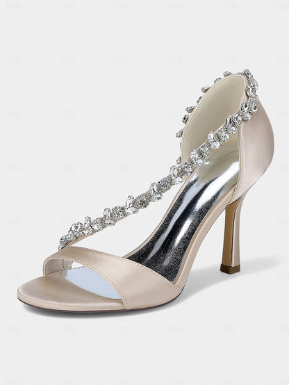 Champagne Crystal Satin High T-Strap Women's Heels with –