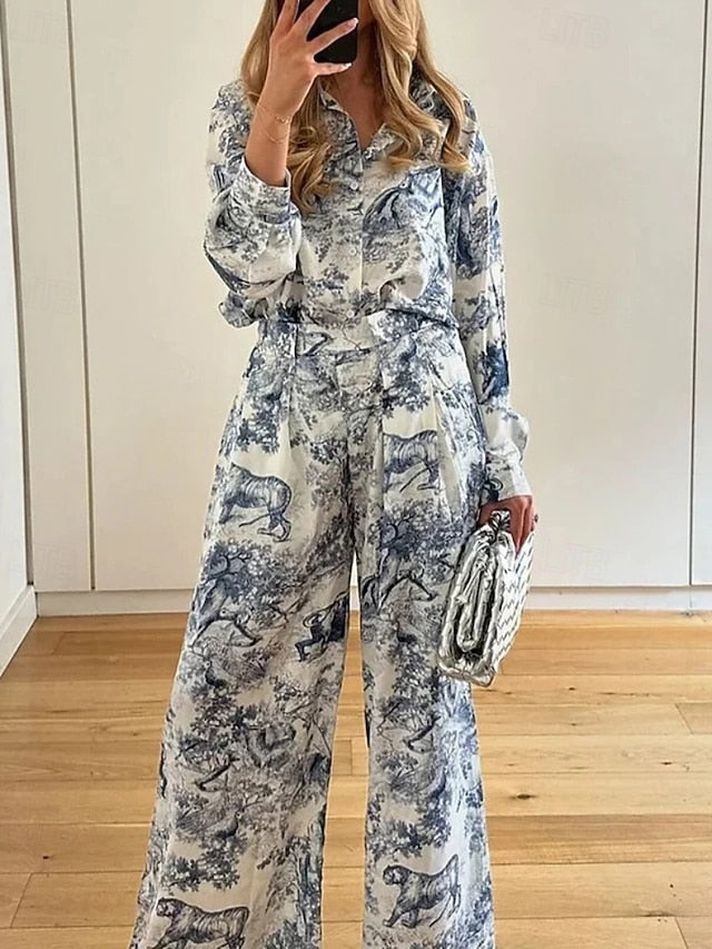 Women's Shirt Blouse Pants Sets Long Sleeve Shirt Collar