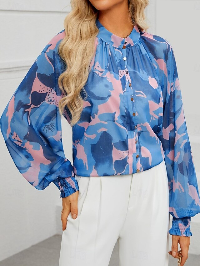 Women's Blouse Buttons Print Graphic Color Block Stylish