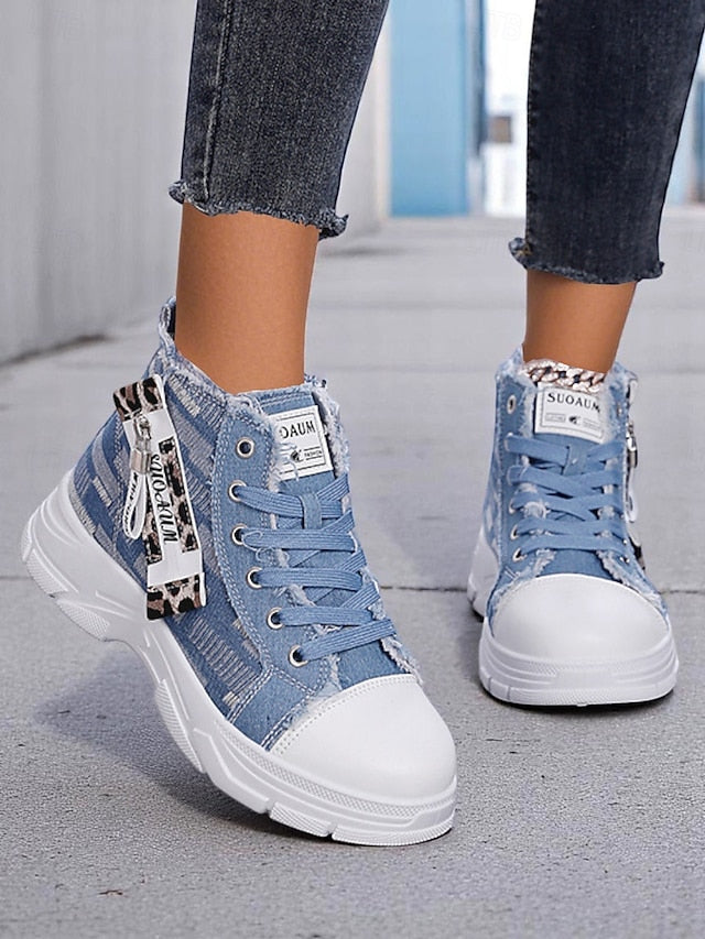 Women's Denim High Top Platform Sneakers with Leopard