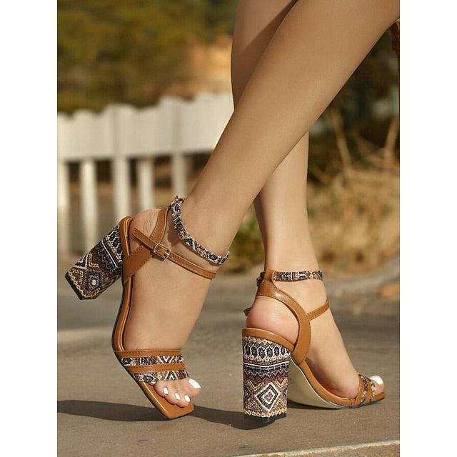 Strap Textured with Block Patterned Heels Boho-Chic Women's