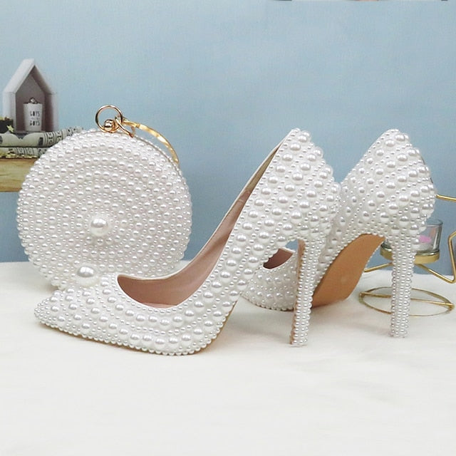 Pearl-Embellished Stiletto Purse Heels White and Round Set Pearl