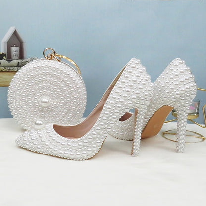 Pearl-Embellished Stiletto Purse Heels White and Round Set Pearl