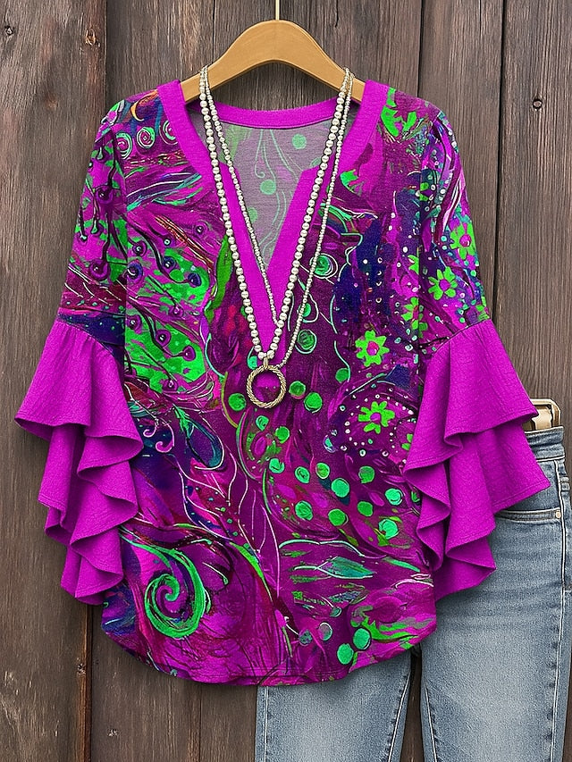 Women's Blouse V Neck Layered Ruffle Sleeve Tops Graphic