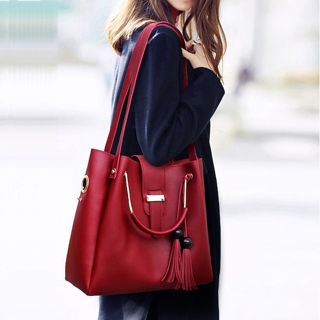 Leather Women's Set Tote 3-Piece Pink Faux - Handbag