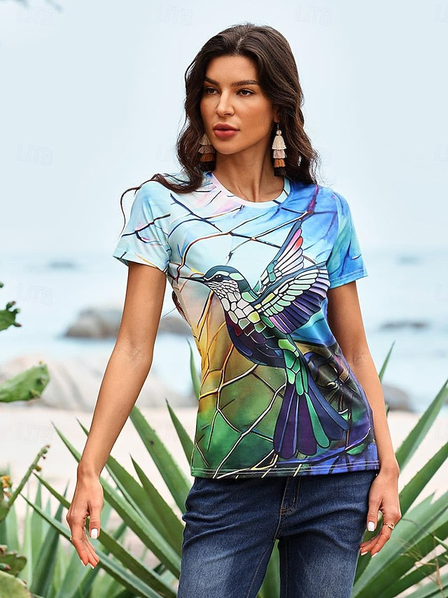 Women's T shirt Round Neck Stained Glass Hummingbird Print