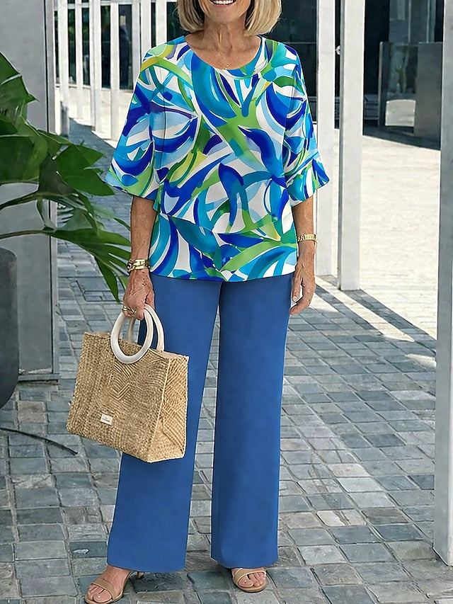 Women's Pants Sets 3/4 Length Sleeve Round Neck Graphic