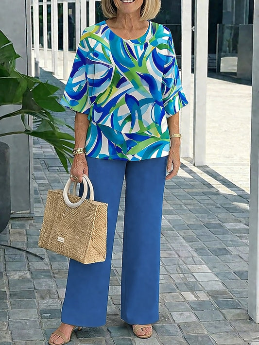 Women's Pants Sets 3/4 Length Sleeve Round Neck Graphic