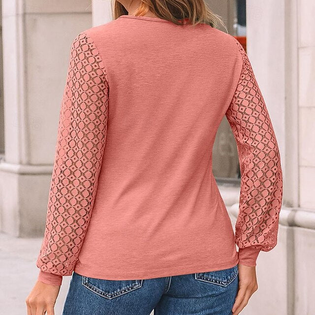 Color Tee Top Shirt Women's T Patchwork Eyelet Solid