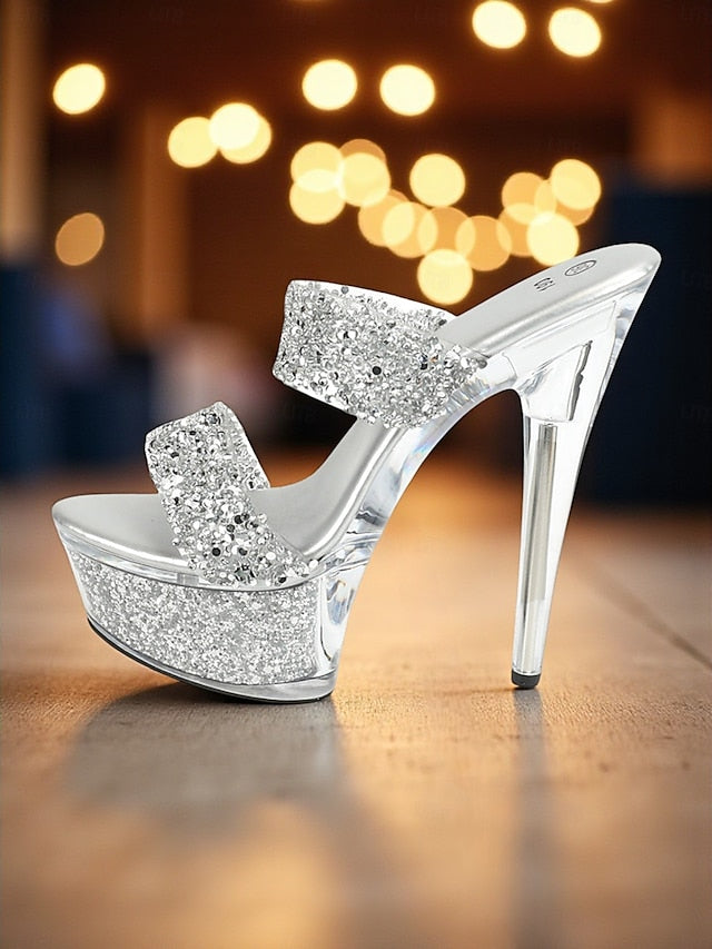 Women's Glitter High - Rhinestone Mules Platform Peep Heel