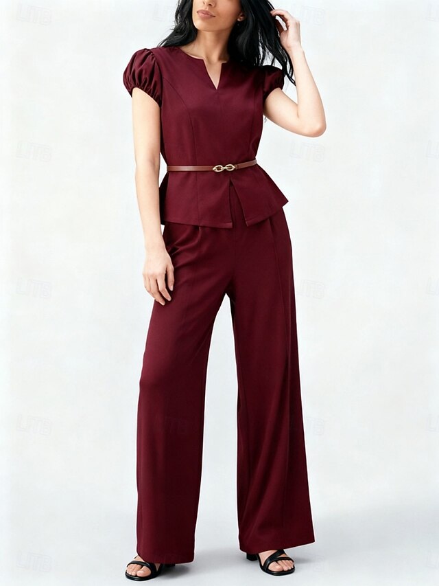 Women's Pants Sets Short Sleeve V Neck Solid Color Elegant