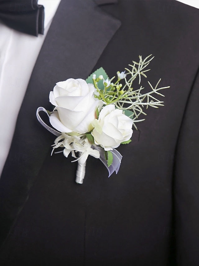 Set Corsage and Boutonniere – Wrist Elegant White Rose