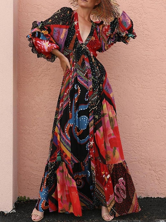 Women's Color Block V Neck Maxi Dress Long Sleeve Summer
