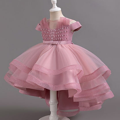 Color Short Kids Dress Party Solid Sleeve Girls' Wedding