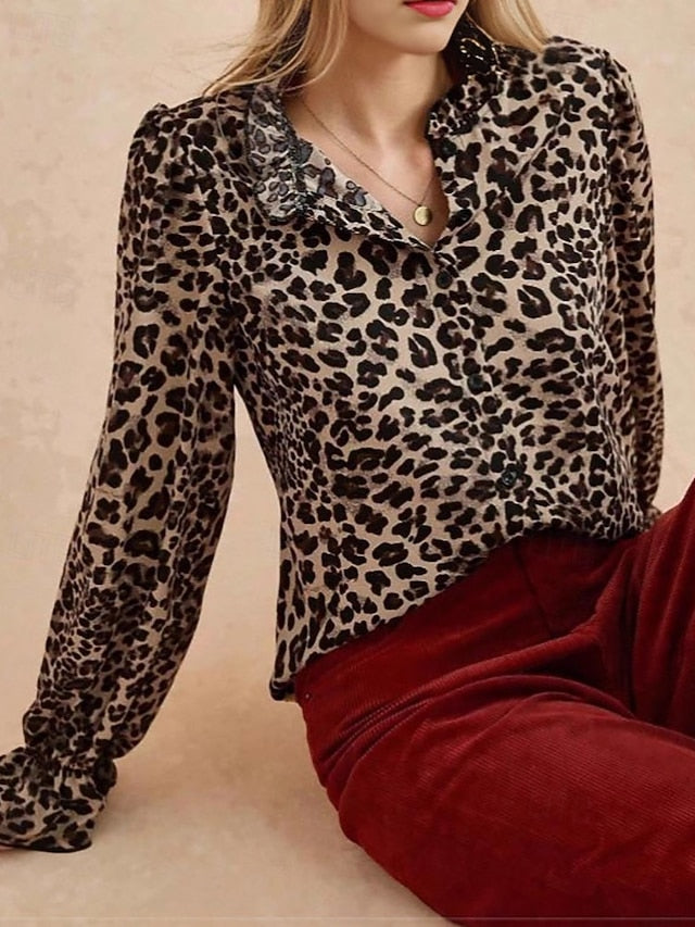 Women's Shirt Blouse Buttons Leopard Elegant Vintage