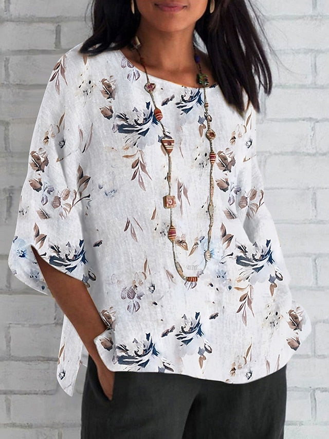 Women's Shirt Faux Cotton Linen Print Floral Daily Casual