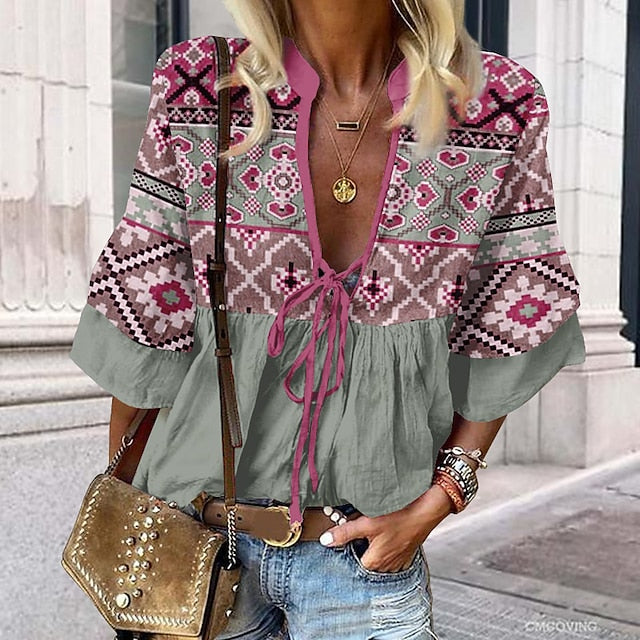 Women's Shirt Lace Shirt Blouse Ethnic Lace up Print 3/4