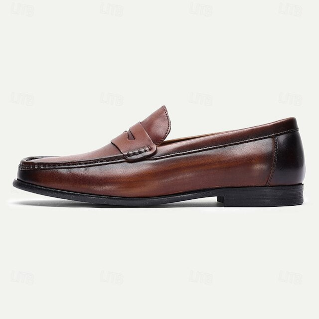 Leather Shoes Brown Penny Slip-On Loafers with Men's