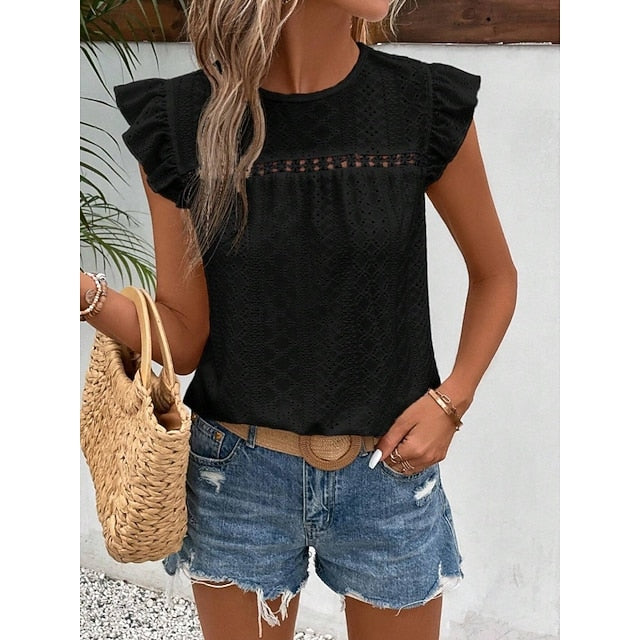 Women's T Shirt Tee Top Ruffle Eyelet Plain Fashion Stylish