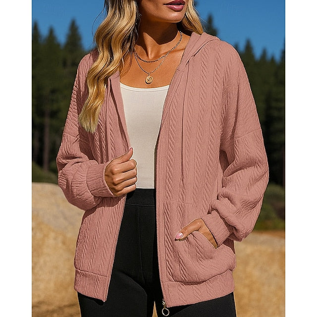 Women's Fullzipper Jacket Hooded Sweatshirt Pocket Long