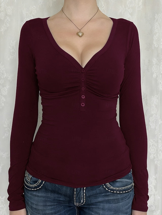 Women's Petite T Shirt Y2K Slim fit top Button Front Pleats