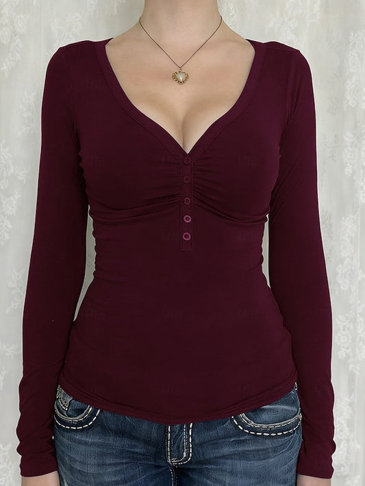 Women's Petite T Shirt Y2K Slim fit top Button Front Pleats