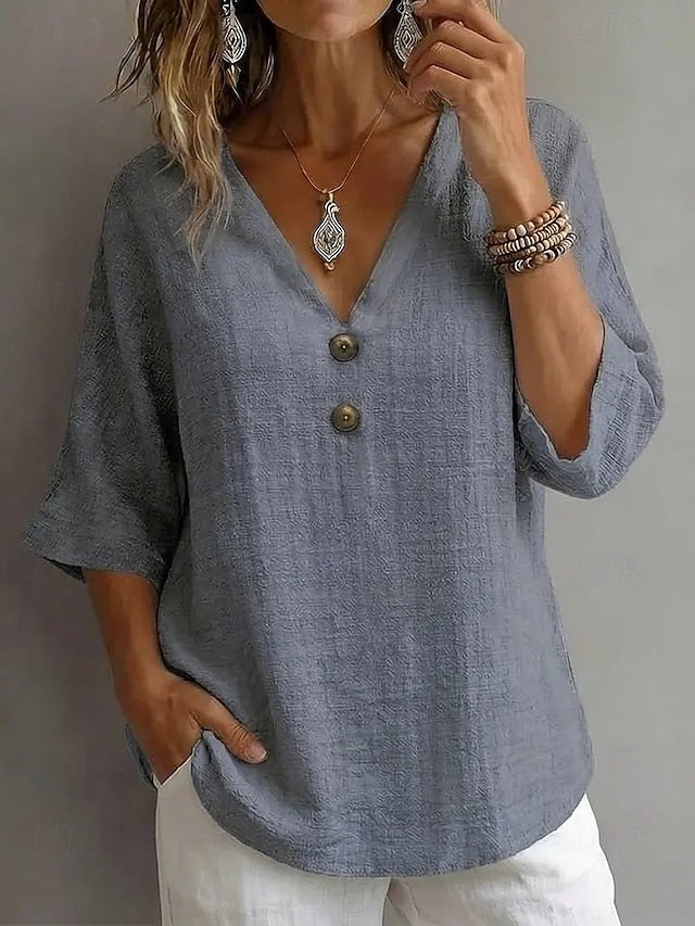 Women's Blouse Faux Linen Shirt Buttons Solid Color Daily