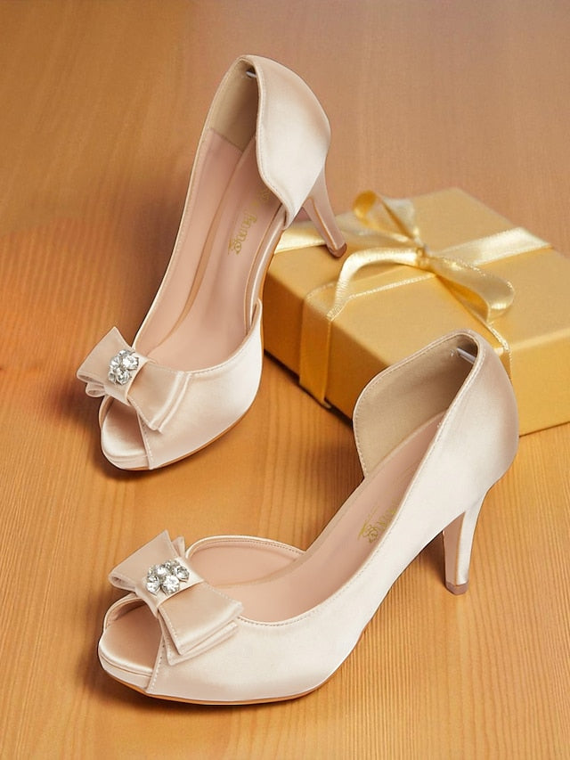 Peep and Heels Bow Women's Satin with Champagne Toe