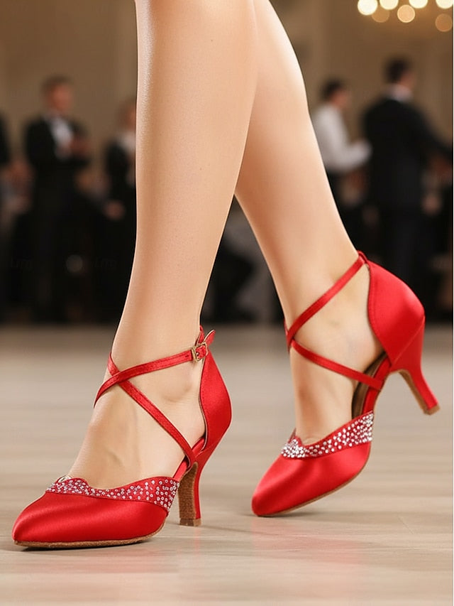 Women's Shoes Toe Closed Dance Satin Red Ballroom Cross -