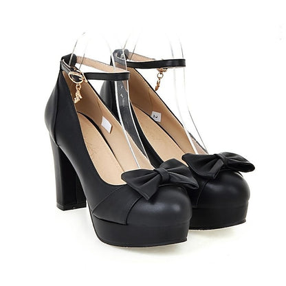 – Detail Women's with White Bow Heels Elegant Chunky