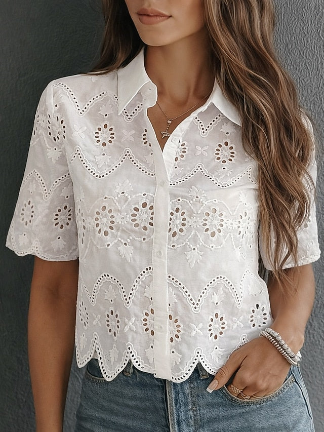 Women's Blouse Eyelet Solid Color Stylish Casual Short