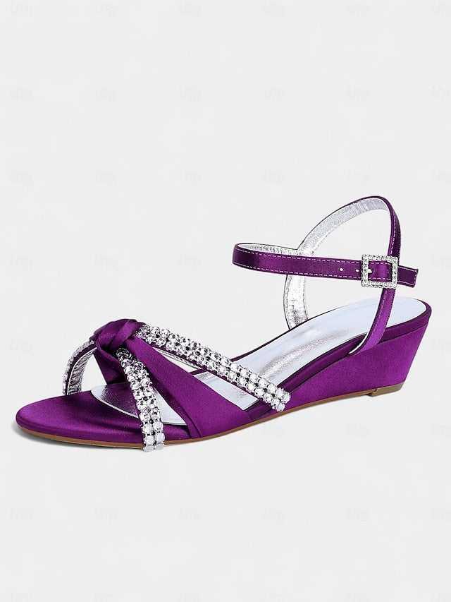 Satin Wedge Women's Sandals Knot Rhinestone Green