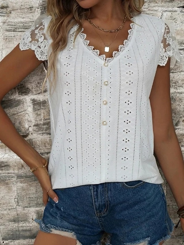 Women's Blouse Lace Eyelet Buttons Solid Color Stylish
