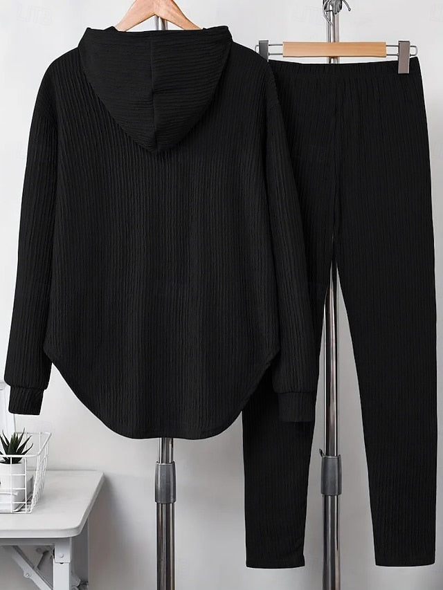 Women's Hoodie Pants Sets Long Sleeve Hooded Solid Color