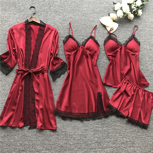 Women's Lace Satin Silk Pajamas Sets 4 Pcs Home Party Daily