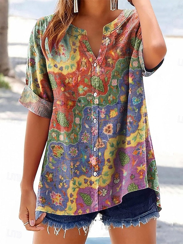 Women's Shirt Buttons Print Floral Graphic Bohemia Vacation