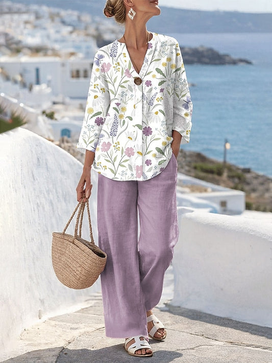 Women's Two Piece Sets Pants Sets 3/4 Length Sleeve V Neck