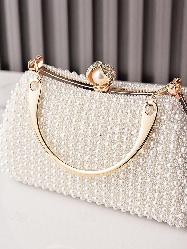 Clutch Evening Bag Gold Pearl with Beaded Women's Handle
