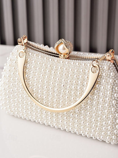 Clutch Evening Bag Gold Pearl with Beaded Women's Handle