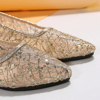 Women's Silver Flats Ballet – Elegant Mesh Sequin